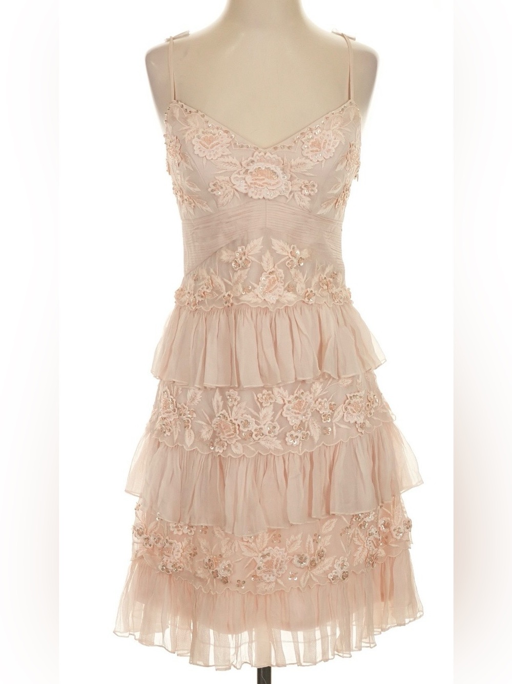 Vintage Sue Wong silk tiered pink floral sequin fairy mini dress
